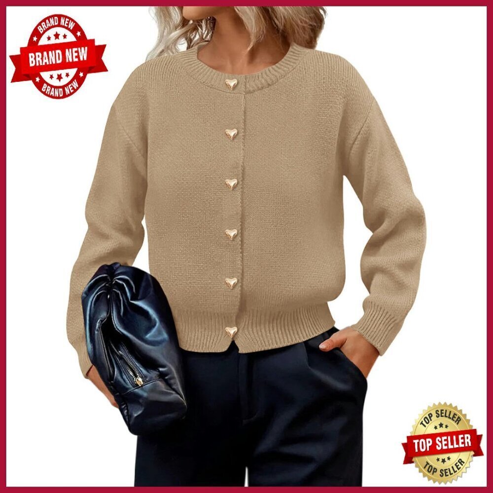 Soft Long Sleeve Cardigan with Gold Heart Buttons, Perfect for Work Office